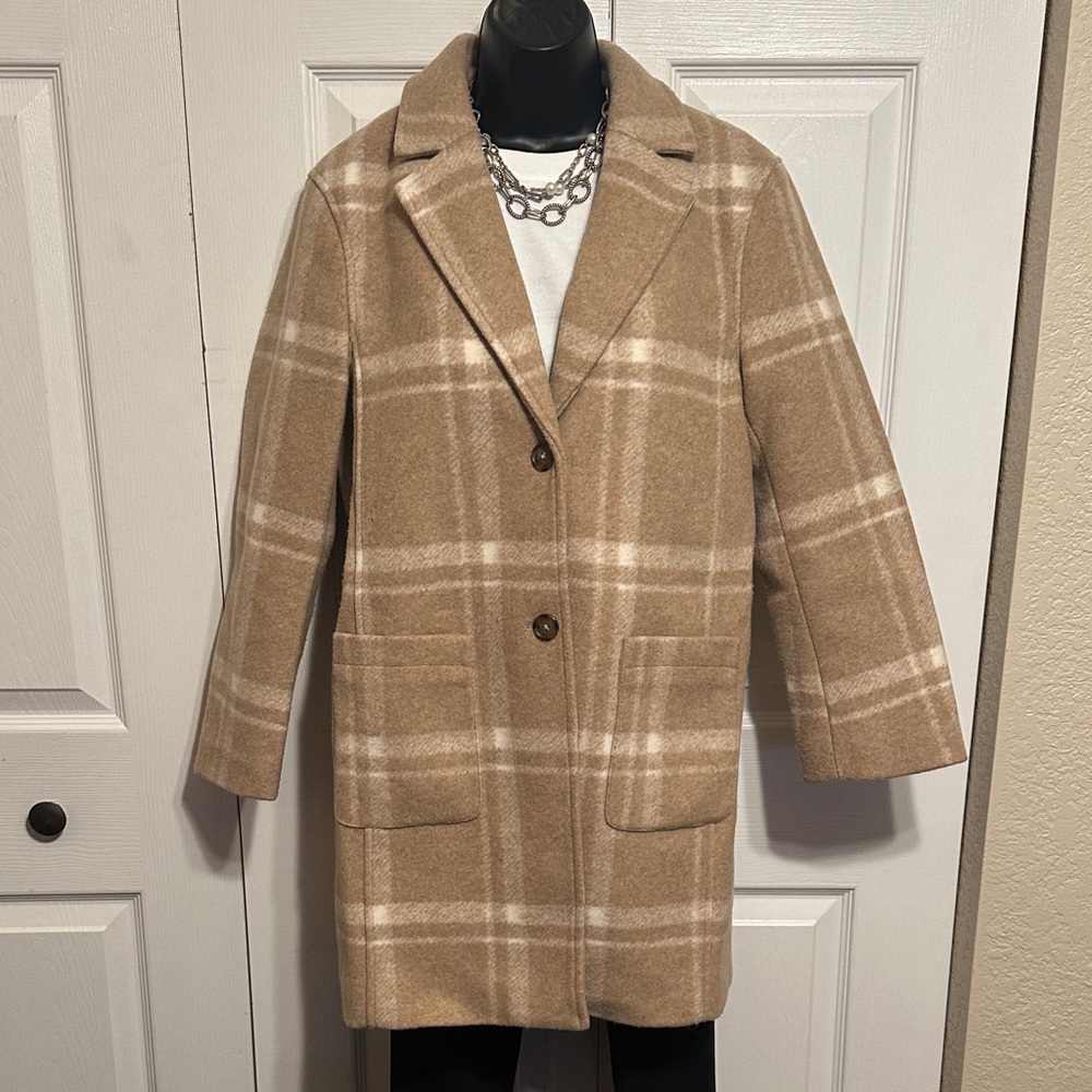 UNTICKit |  “Willa” Tan Plaid Wool Blend Coat - Women’s XS